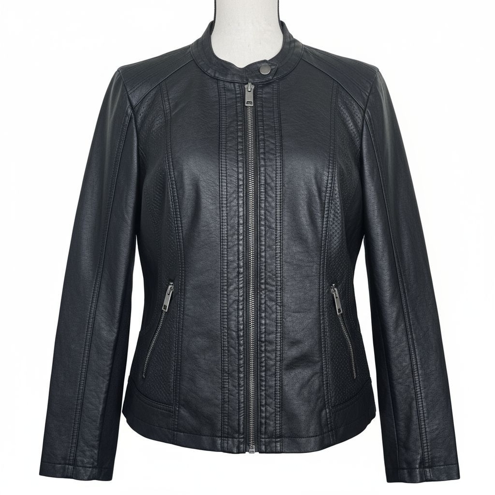 Style & Co. Women Black Faux Leather Moto Jacket Medium Petite Biker Fall Chic